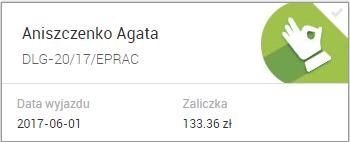 Rys 139. Formularz delegacji w buforze 16.2 Delegacje zaakceptowanie polecenia wyjazdu Delegacja dodana w aplikacji otrzymuje status Wprowadzona.