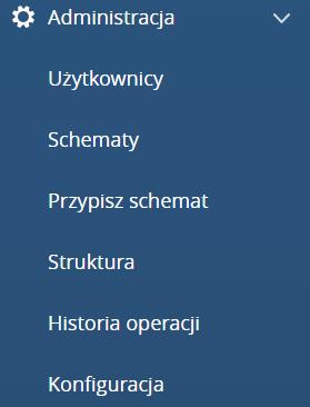 4 Administracja w menu Administracja zostały zgrupowane opcje dotyczące zarządzania użytkownikami, uprawnieniami oraz tworzeniem struktury podległościowej i konfiguracji aplikacji.