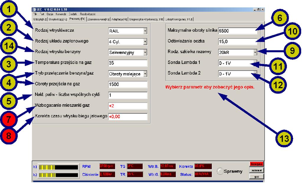 - Parametry wpisywane ręcznie zapisywane są do sterownika po wyjściu z parametru lub po naciśnięciu klawisza [Enter]. - Parametry wybierane myszką (np.