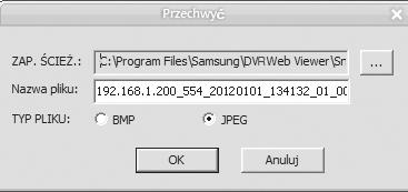 Zapisywanie Ekranu na Żywo na Komputerze Przechwyć : Zapisuje bieżący ekran w pliku BMP lub JPEG. M Domyślną ścieżką zapisu jest C : \Program Files\Samsung\ DVR Web Viewer\SnapShot\Search.