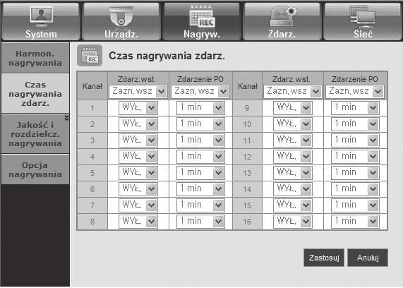 przeglądarka Web Viewer Czas nagrywania zdarz. Można ustawić czas rozpoczęcia i zakończenia nagrywania w przypadku wystąpienia zdarzenia.