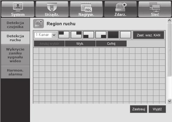 trwania. Detekcja ruchu Można ustawić tryb detekcji ruchu, czułość, a także typ wyjścia alarmu i czas trwania.