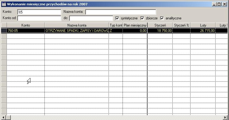 syntetyczne, zbiorcze i analityczne (w planie kont), można zaznaczać i odznaczać zakres czasowy analizy (za cały rok, bieżące, za miesiące od do).