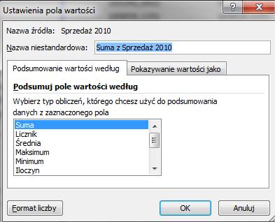 Klikamy dowolną komórkę w kolumnie Suma z sprzedaż 2010_2 prawym