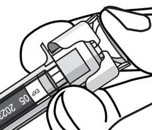 4. Należy wstrzyknąć dawkę leku: Należy chwycić ampułkostrzykawkę jedną ręką pomiędzy palcem środkowym a wskazującym oraz położyć kciuk na główce tłoka, a drugą ręką delikatnie uchwycić oczyszczoną