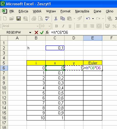 kolumnie (nazwijmy ją Euler) wpisujemy wartość członu Eulera, czyli iloczyn