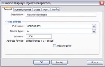 temperatury należy: W zakładce General wybrać: Description (własny opis obiektu) PLC name: MODBUS RTU Device type: 4x