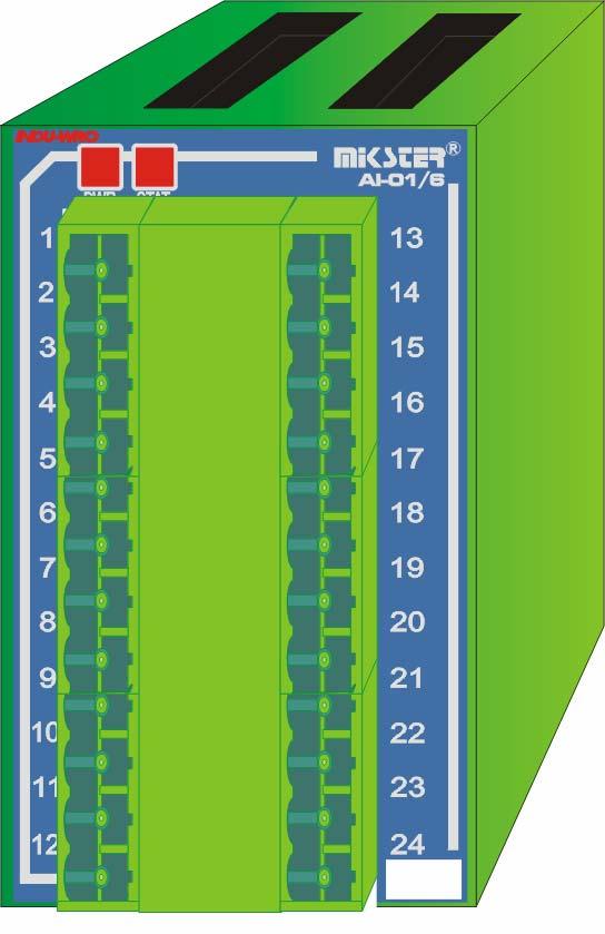 III. MODUŁ INDU WRC AI-01/6 1. SPOSÓB MONTAŻU MODUŁU. Moduł należy zamontować na szynie. Następnie za pomocą taśmy połączyć z innymi modułami.