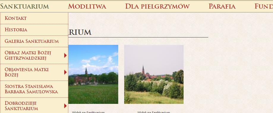 Gietrzwałdzkiej. Oficjalną stroną tego sanktuarium jest www.sanktuariummaryjne.pl. Strona główna tego portalu ma wygląd: Rysunek 52. Strona główna portalu www.sanktuariummaryjne.pl W środkowej części ekranu, podobnie jak w innych portalach mamy zakładki pod którymi kryją się bloki tematyczne.