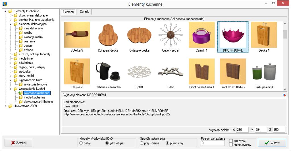 Ważną zmianą jest także zastąpienie poprzedniej bazy Akcesoriów kuchennych, dostępnej w oknie Elementy kuchenne" nową