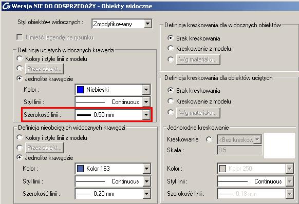 Jednolite krawędzie Szerokość linii: 0.50 mm. 11. Naciśnij Dalej. Rysunek 305: Okno dialogowe Obiekty widoczne 12.