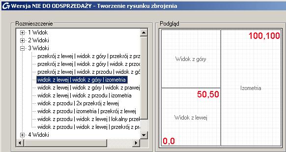 Na przykład, układ widoków: widok z lewej, widok z góry, izometria zawiera układ trzech widoków.