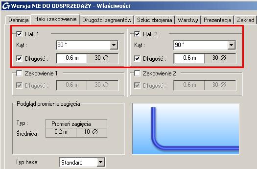 3. W oknie właściwości wykonaj następujących zmian: W zakładce Definicja: wybierz średnicę pręta Ø 20, aby ustawić wartość otulenia w polu Otulina z listy wybierz Wszystko i w polu obok wpisz 0.