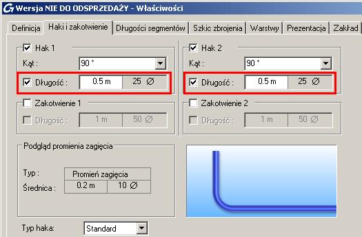 3. W zakładce Haki i zakotwienie, w polu Długość, ustaw długości haków na 0.5 m. Rysunek 331: Okno Właściwości Zakładka Haki i zakotwienie 4. Naciśnij <OK> aby zatwierdzić wprowadzone zmiany.