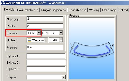 3. W oknie właściwości wykonaj następujące ustawienia: W zakładkę Definicja, z rozwijalnej listy Średnica, wybierz średnicę pręta Ø 12.