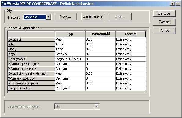 Krok 4: Definicja jednostek projektu W tym kroku opisany został sposób w jaki należy zdefiniować jednostki poszczególnych parametrów występujących w programie, jednostki wyświetlane w oknach