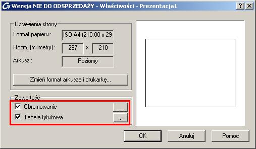 Dodawanie tabelki 1. W oknie właściwości prezentacji arkusza, w polu Zawartość, zaznacz opcję Tabela tytułowa.