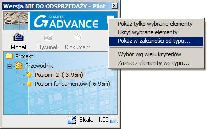 Krok 10: Ukrywanie powierzchni ramp 1. W Pilocie kliknij na aby wyświetlić menu. 2. Wybierz opcję Pokaż w zależności od typu.