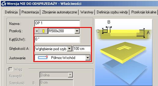 Aby zaznaczyć płytę kliknij na jej symbol. 3. Na pasku właściwości, ustaw rozmiar otworu na R500x200. 4.