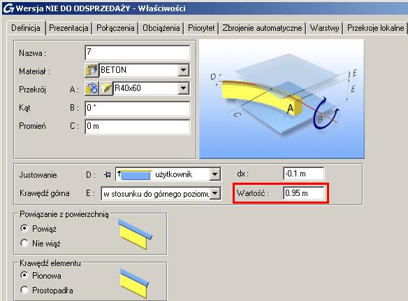 W zakładce Definicja ustaw górny poziom belki w stosunku do górnego poziomu