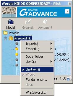 Włączenie widoku 3D całego budynku W trybie Model w Pilocie, kliknij prawym klawiszem na Przewodnik i z menu wybierz opcję Uaktywnij