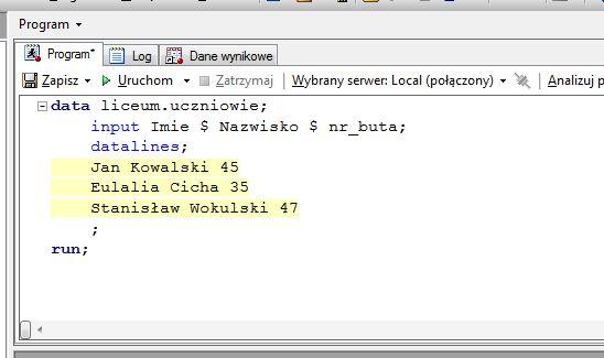 TWORZENIE TABEL Do tworzenia tabeli wykorzystywać możemy polecenia INPUT oraz DATALINES W naszej bibliotece LICEUM utwórzmy nową tabelę o nazwie UCZNIOWIE: Uwaga: Jeśli zmienna jest znakowa, to po