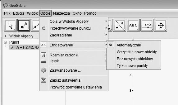 Krótki opis programu GeoGebra 197 (a) Menu zakładki Opcje (b) Menu obiektu Rysunek 2.