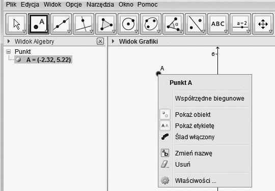 7: Ikonki opcji Zaawansowane Po rozwinięciu pierwszej ikonki, Obiekty, możemy korygować właściwości obiektów, drugiej, Widok Grafiki, możemy, na przykład, zmienić wygląd osi układu współrzędnych.