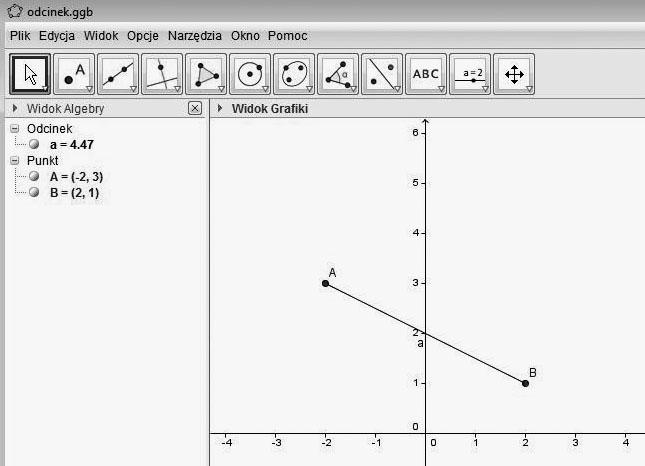 Krótki opis programu GeoGebra 199 2.6. Pierwsze rysunki 2.6.1. Odcinek 1. Otwieramy okno programu. 2. Powinniśmy mieć otwarte okno algebry i grafiki. 3.