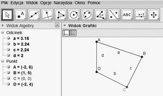W widoku algebry pojawiły się następujące informacje o narysowanym trójkącie: Nazwy boków trójkąta oraz ich długości, Współrzędne punktów będących wierzchołkami trójkąta, Obliczone też zostało pole