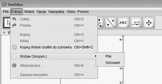 schowka. Jest tam też pozycja Właściwości, która otwiera okno dialogowe pozwalające modyfikować właściwości wszystkich utworzonych i używanych w GeoGebrze obiektów.