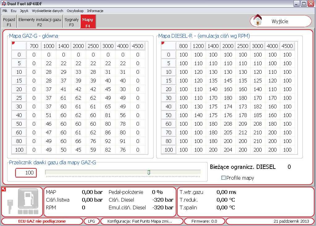 6..4 ZAKŁADKA MAPY F4 Zakładka Mapy F4 umożliwia dokładną konfigurację zarówno ilości wtryskiwanego gazu jak i oleju napędowego. Służą do tego dwie mapy: - Mapa GAZ-G główna (rys.