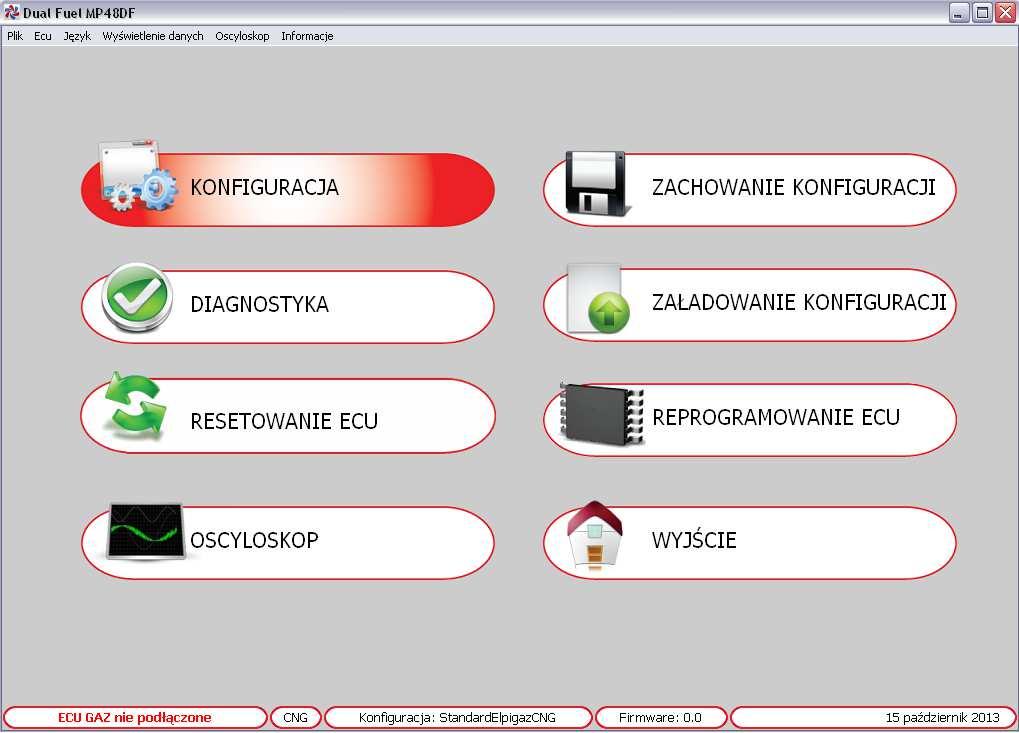 6. STRONA GŁÓWNA Na stronie głównej programu Elpigaz Dual Fuel dla sterownika DEGA mix FG-M dostępne jest osiem stron umożliwiających konfigurację, kalibrację, diagnostykę