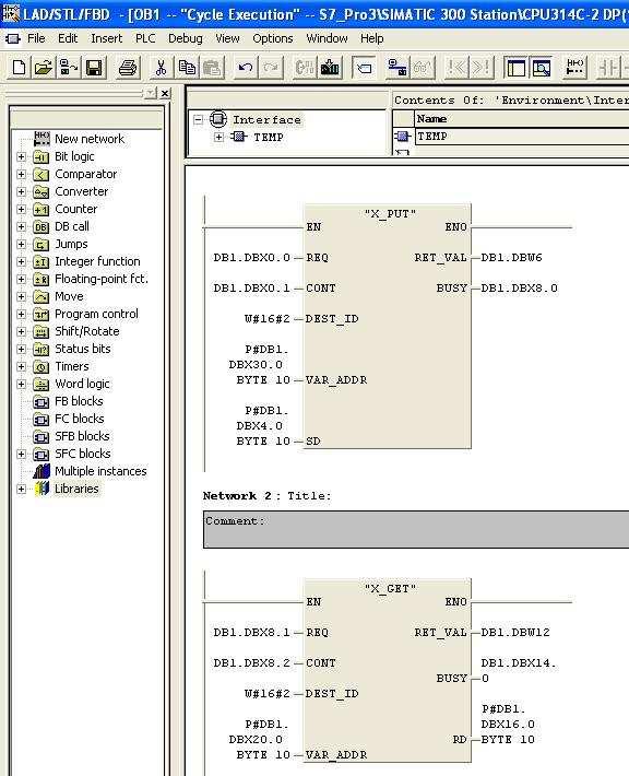 W OB1 do wstawionych wcześniej bloków X_PUT oraz X_GET podepnij zmienne z bloku danych DB1 Wejdź w Hardware projektu, kliknij prawym przyciskiem myszy na CPU 315-2 DP a następnie wybierz Object