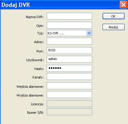 Port domyślnie 8101 jeżeli nie ma potrzeby nie zmieniać. Użytkownik tu należy wpisać użytkownika zaprogramowanego w XVR z uprawnieniami do logowania się po sieci komputerowej.