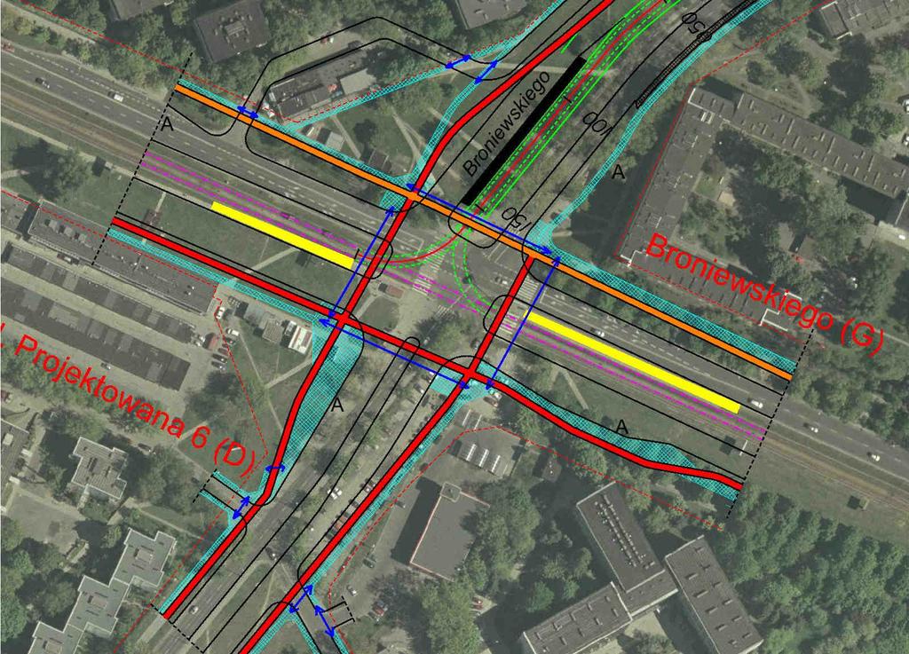 Studium obsługi komunikacyjnej Dzielnicy śoliborz 63 Rys. 26. Schemat rozwiązań na odcinku między ul. Popiełuszki a ul. Broniewskiego oraz w rejonie skrzyŝowania ul.