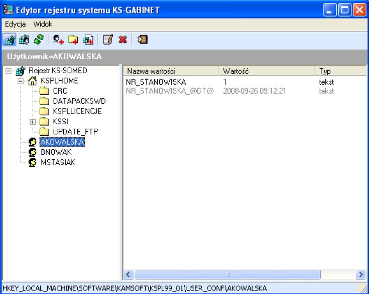 Zostanie wyświetlone okno Edytor rejestru systemu KS-Gabinet, w którym należy dodać użytkowników nadając nazwę taką, jak login do serwera terminali.