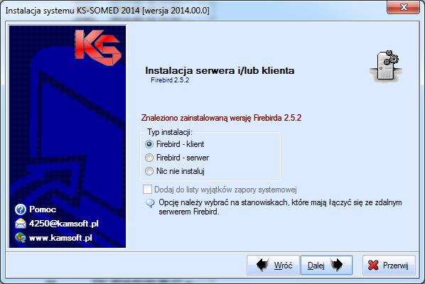 Pod koniec instalacji zostanie wyświetlone okno Wybierz serwer z bazą danych, w którym należy wskazać plik bazy danych z serwera według reguły serwer C:\baza\mojabaza.