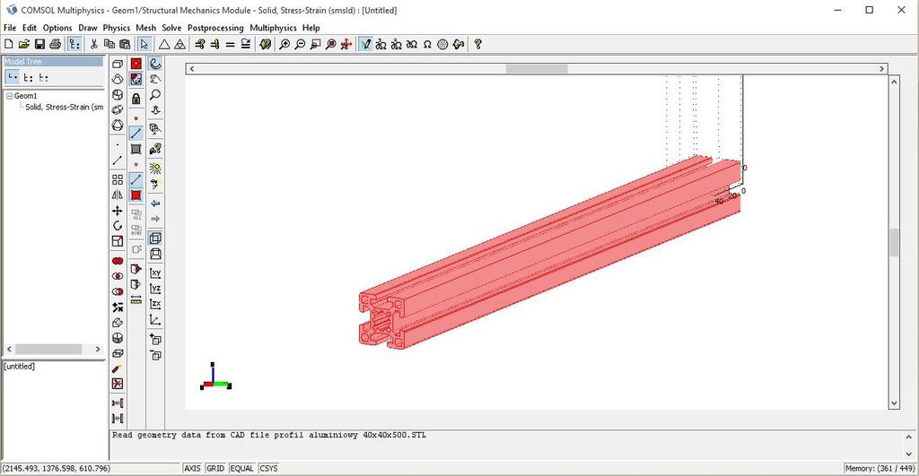 3. Przebieg badań: Pierwszym czynność jaką należy wykonać jest zaimportowanie modelu do programu COMSOL. Rys. 6 Zaimportowany model profilu aluminiowego w formacie.stl.