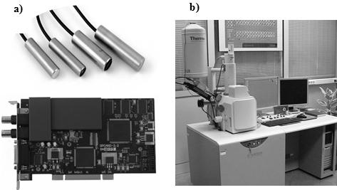 Rys. 1. a) karta defektoskopowa oraz przykładowe głowice ultradźwiękowe [8]; b) skaningowy mikroskop elektronowy Hitachi S-3400N [9] 6.