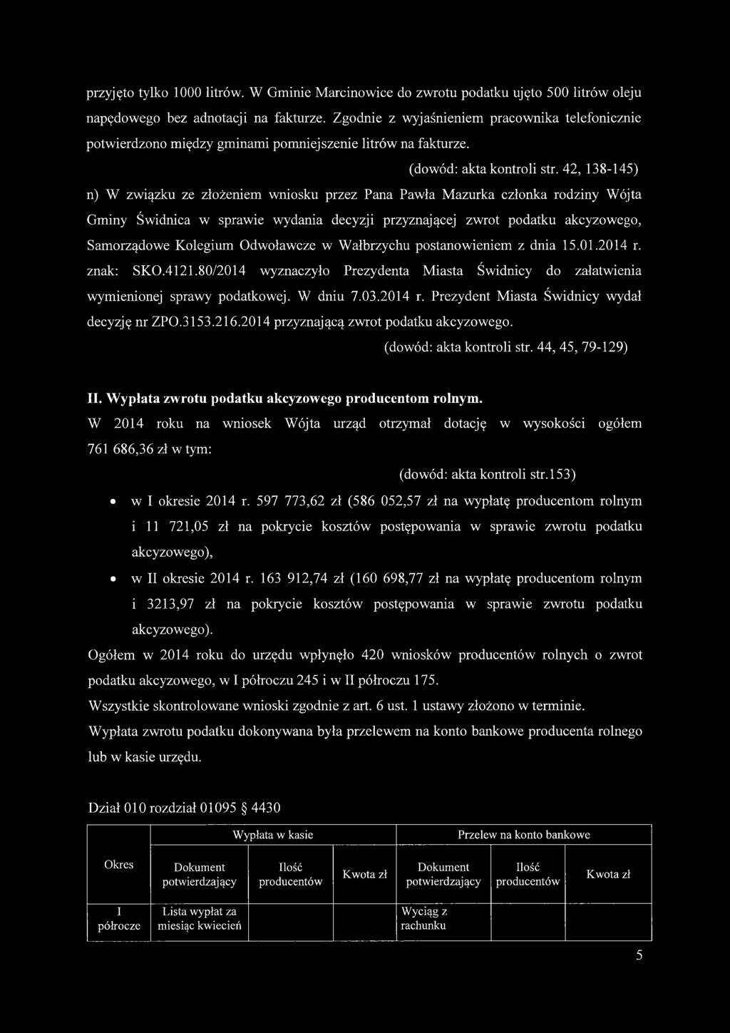 42, 138-145) n) W związku ze złożeniem wniosku przez Pana Pawła Mazurka członka rodziny Wójta Gminy Świdnica w sprawie wydania decyzji przyznającej zwrot podatku akcyzowego, Samorządowe Kolegium