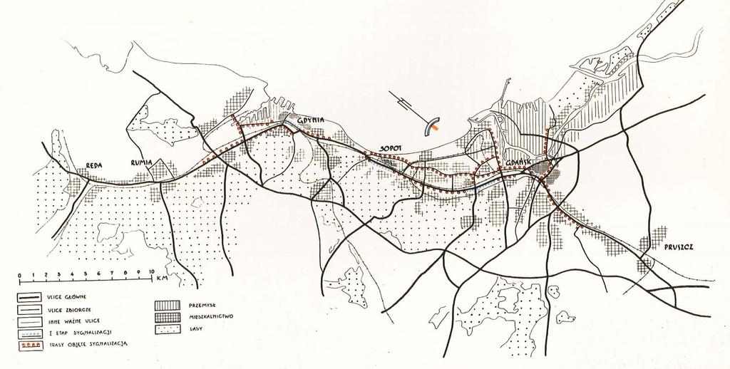 PRZESTRZEŃ MIEJSKA ZAŁOŻENIA PLANISTYCZNE LAT 60/70TYCH XX WIEKU Koncepcja układu podstawowego zespołu Gdańsk Gdynia z systemem obwodnic oraz trasami średnicowymi (Droga Czerwona, Droga Zielona).