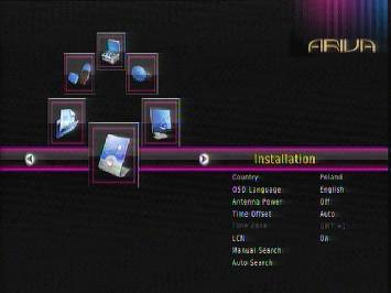 Kraj- wybór kraju, w którym się znajdujesz Język OSD- wybór języka menu Zasilanie antenywłączenie/wyłączenia zasilania anteny Przesunięcie czasu- automatyczne pobieranie