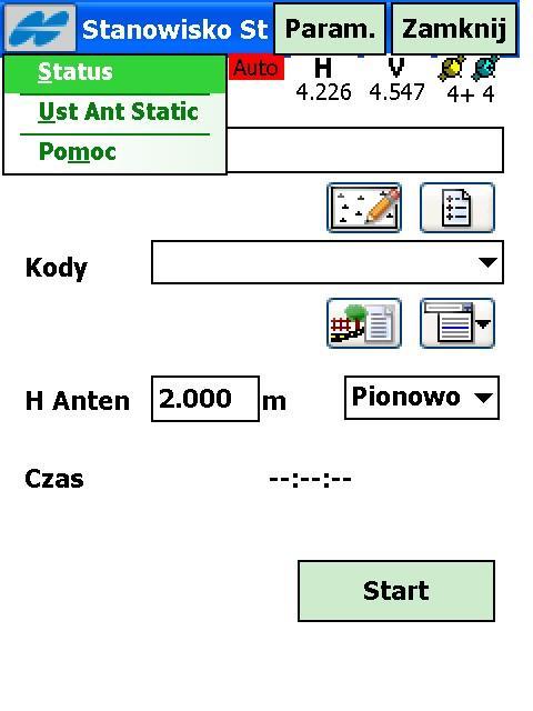 24. W głównym oknie pomiarów statycznych Stanowisko St czekamy na odbiór 4 i więcej satelitów. Klikamy Start i rozpoczynamy pomiar statyczny.