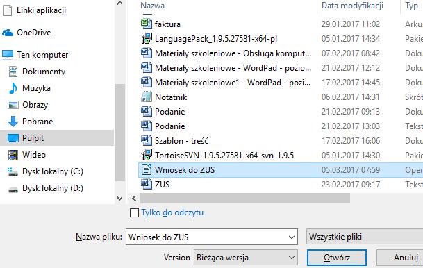 Otwieranie wcześniej zapisanego pliku 2 2 - W oknie tym klikamy przycisk Otwórz 3 - W nowym oknie, w lewej jego części klikamy nazwę Pulpit 4 -