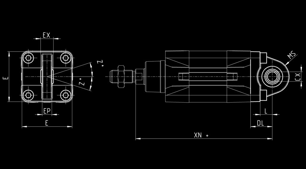 KATALOG > Wydanie 8.7 > Siłowniki serii 6 Kołnierz czopowy, kulisty, mod. R* *niezgodne z normą x kołnierz z przegubem kulowym 4x śruba Model Ø CX L DL XN+ MS E EX EP Z maks.