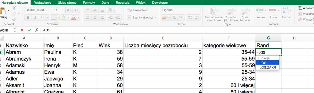 Zadanie 3 Finał Losowanie warstwowe z populacji 1. Wpisz funkcje LOS() do pierwszej komórki. 2. Skopiuj formułę do pozostałych komórek w kolumnie (tak jak to robiliśmy wcześniej). 3. Zamień formuły na wartości (tak jak to robiliśmy wcześniej).