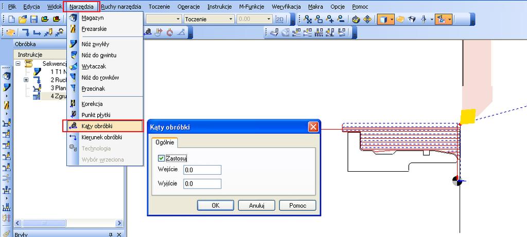 64 Po pojawieniu się na karcie Obróbka, instrukcji Kąty obróbki, trzymając wciśnięty lewy przycisk myszy należy przeciągnąć tą instrukcję przed cykl toczenia zgrubnego