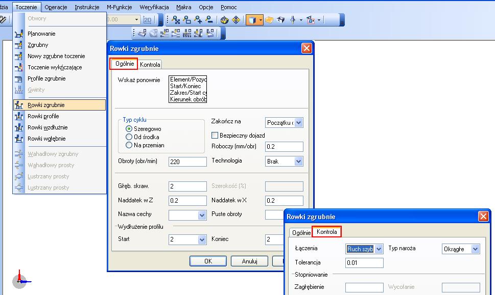 Rys.75 Po wywołaniu okna cyklu Rowki zgrubnie, na zakładkach: Ogólnie i Kontrola, należy wprowadzić parametry jak na rys.75. Po zatwierdzeniu okna klawiszem OK, należy wskazać trzy odcinki reprezentujące rowek (rys.