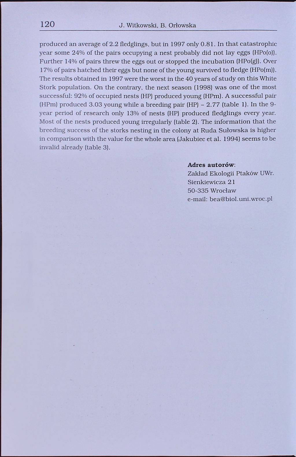 120 J. Witkowski, B. Orłowska produced an average of 2.2 fledglings, but in 1997 only 0.81. In that catastrophic year some 24% of the pairs occupying a nest probably did not lay eggs (HPo(o)).